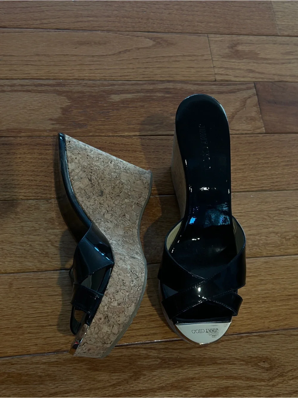 Jimmy Choo Black Patent Leather Cork Wedge Slides